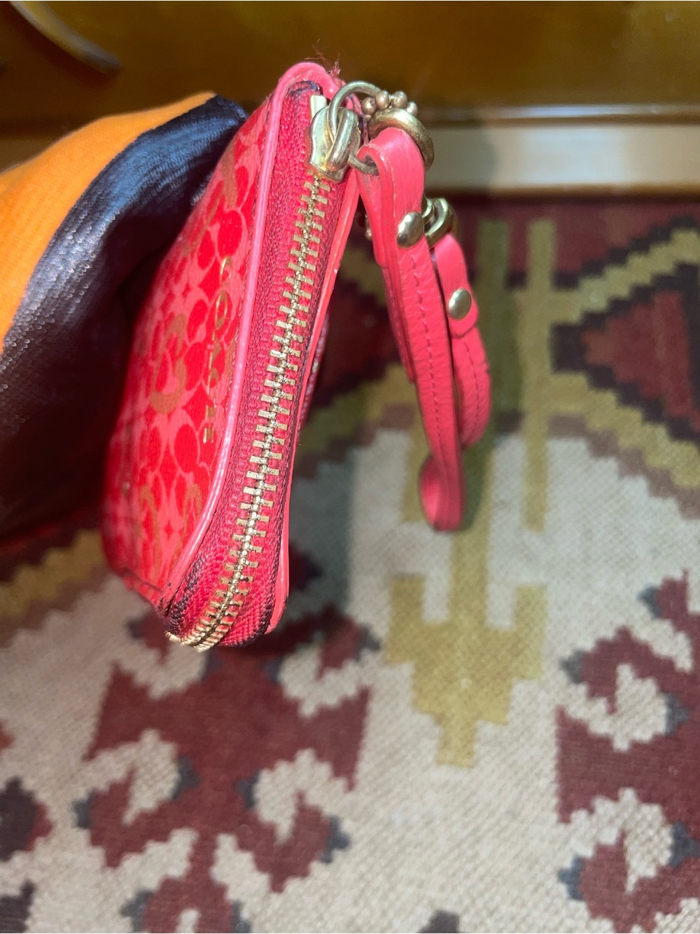 Vintage Coach Pink-Red Gold Heart Print Mini Wristlet with Gold Accents - Picture 4 of 10
